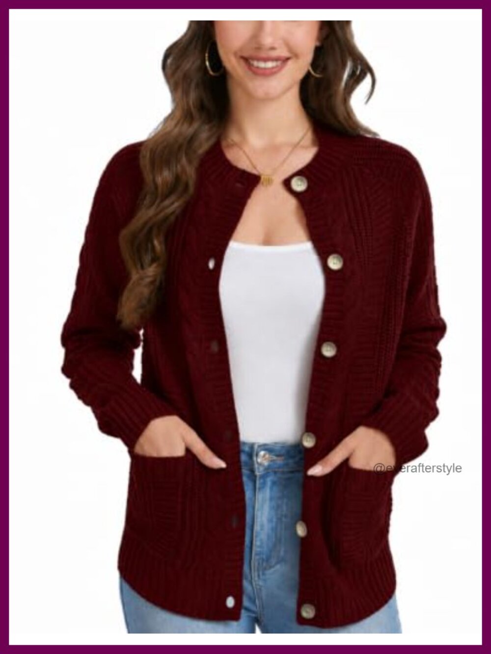 Cable Knit Button Down Cardigan Sweater with Pockets Crew Neck
